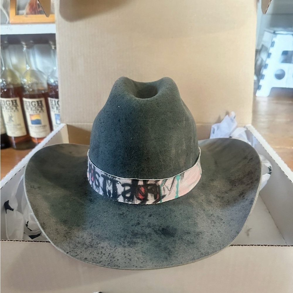 Dark Gray Custom Beaver Western Hat. Handmade in Nashville with artwork band.